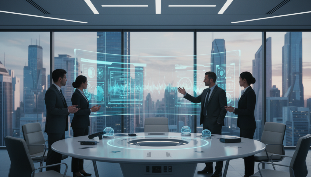 A modern high-tech workspace designed for electromagnetic fields management, showcasing a sleek conference room filled with advanced technology. In the foreground, a diverse group of professionals in business attire collaborate around a digital display, analyzing EMF data on a large screen. In the middle, high-tech equipment, such as EMF measuring devices and shields, are strategically placed on a polished conference table. The background features floor-to-ceiling windows revealing a cityscape, bathed in soft, natural light. The atmosphere is serious yet innovative, highlighting a balance between technology and environmental awareness. The image captures a harmonious blend of human interaction and sophisticated tools, emphasizing the importance of effective EMF management strategies in modern workspaces. A modern high-tech workspace designed for electromagnetic fields management, showcasing a sleek conference room filled with advanced technology. In the foreground, a diverse group of professionals in business attire collaborate around a digital display, analyzing EMF data on a large screen. In the middle, high-tech equipment, such as EMF measuring devices and shields, are strategically placed on a polished conference table. The background features floor-to-ceiling windows revealing a cityscape, bathed in soft, natural light. The atmosphere is serious yet innovative, highlighting a balance between technology and environmental awareness. The image captures a harmonious blend of human interaction and sophisticated tools, emphasizing the importance of effective EMF management strategies in modern workspaces.