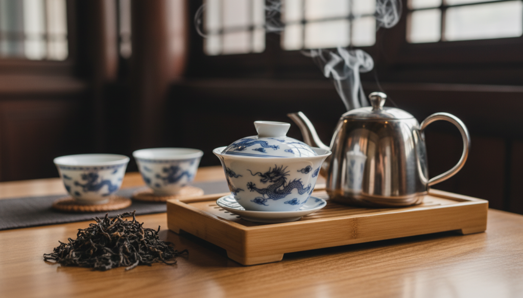 A serene tabletop scene featuring a traditional Chinese Gaiwan set for tea brewing. In the foreground, an elegantly crafted porcelain Gaiwan with intricate blue and white patterns rests beside a tea tray. A small mound of loose tea leaves is artfully displayed next to a steaming kettle, wisps of steam rising in soft curls. In the middle ground, a duet of elegant teacups mirrors the Gaiwan, showcasing their delicate craftsmanship. The background contains subtle hints of a traditional Chinese tea house, with wooden beams and dim ambient lighting creating a warm, inviting atmosphere. Use a macro lens to capture fine details of the tea leaves and the porcelain textures, illuminated by soft, natural light, to evoke a calming, meditative mood perfect for tea brewing. A serene tabletop scene featuring a traditional Chinese Gaiwan set for tea brewing. In the foreground, an elegantly crafted porcelain Gaiwan with intricate blue and white patterns rests beside a tea tray. A small mound of loose tea leaves is artfully displayed next to a steaming kettle, wisps of steam rising in soft curls. In the middle ground, a duet of elegant teacups mirrors the Gaiwan, showcasing their delicate craftsmanship. The background contains subtle hints of a traditional Chinese tea house, with wooden beams and dim ambient lighting creating a warm, inviting atmosphere. Use a macro lens to capture fine details of the tea leaves and the porcelain textures, illuminated by soft, natural light, to evoke a calming, meditative mood perfect for tea brewing.