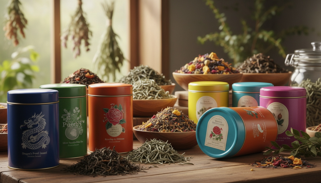 A visually appealing display of various quality loose leaf tea brands on a rustic wooden table. In the foreground, close-up shots of beautifully packaged tea canisters and colorful tea tins, each showcasing distinct labels and designs that reflect the essence of their flavors. The middle ground features an assortment of dried loose leaf teas spilling from some containers, highlighting their rich colors and textures, such as vibrant green, deep brown, and bright floral hues. In the background, softly blurred greenery and herbs, hinting at the natural origins of the teas, with warm, natural sunlight filtering through, creating an inviting and serene atmosphere. The scene captures the essence of exploration and trust in choosing premium loose leaf tea brands. The overall mood is calm and engaging, emphasizing the importance of quality in tea selection. A visually appealing display of various quality loose leaf tea brands on a rustic wooden table. In the foreground, close-up shots of beautifully packaged tea canisters and colorful tea tins, each showcasing distinct labels and designs that reflect the essence of their flavors. The middle ground features an assortment of dried loose leaf teas spilling from some containers, highlighting their rich colors and textures, such as vibrant green, deep brown, and bright floral hues. In the background, softly blurred greenery and herbs, hinting at the natural origins of the teas, with warm, natural sunlight filtering through, creating an inviting and serene atmosphere. The scene captures the essence of exploration and trust in choosing premium loose leaf tea brands. The overall mood is calm and engaging, emphasizing the importance of quality in tea selection.