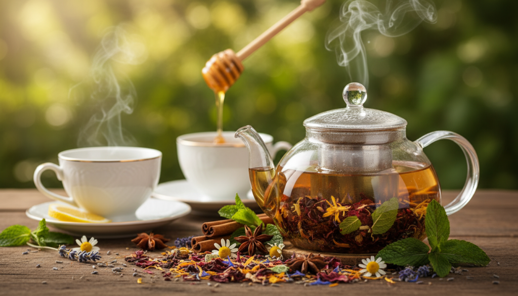 A visually enticing composition showcasing the benefits of loose leaf tea. In the foreground, a clear glass teapot with a delicate tea infuser, filled with vibrant, colorful loose leaf tea leaves, steam gently rising. Surrounding the teapot, an array of herbal ingredients like dried flowers, mint, and spices artistically arranged, emphasizing variety and freshness. The middle ground features a rustic wooden table with two elegant teacups, a slice of lemon, and honey drizzling, suggesting an inviting tea-drinking experience. The background has soft, blurred greenery, symbolizing wellness and vitality, with soft, natural light filtering through, creating a warm and uplifting atmosphere. The image aims to convey serenity and the natural benefits of loose leaf tea, inviting the viewer to explore its wholesome qualities. A visually enticing composition showcasing the benefits of loose leaf tea. In the foreground, a clear glass teapot with a delicate tea infuser, filled with vibrant, colorful loose leaf tea leaves, steam gently rising. Surrounding the teapot, an array of herbal ingredients like dried flowers, mint, and spices artistically arranged, emphasizing variety and freshness. The middle ground features a rustic wooden table with two elegant teacups, a slice of lemon, and honey drizzling, suggesting an inviting tea-drinking experience. The background has soft, blurred greenery, symbolizing wellness and vitality, with soft, natural light filtering through, creating a warm and uplifting atmosphere. The image aims to convey serenity and the natural benefits of loose leaf tea, inviting the viewer to explore its wholesome qualities.