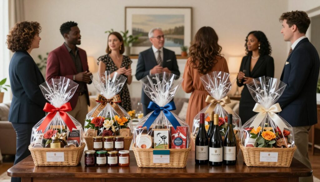 A beautifully arranged cocktail table showcasing an array of hostess gifts thoughtfully displayed. In the foreground, delicately wrapped gift baskets, adorned with vibrant ribbons and seasonal flowers, highlight regional specialties like artisanal jams from the South, craft beer from the Midwest, and elegant wine bottles from California. In the middle, a diverse group of elegantly dressed individuals engages in lively conversation, showcasing respectful regional attire—such as smart casual outfits reflecting local fashion. The background features a charming living space, warmly lit with soft, ambient lighting, accentuated by decorative elements like tasteful artwork and potted plants. The overall mood is inviting and convivial, reflecting the sophistication and warmth of gracious gift-giving customs across the United States.