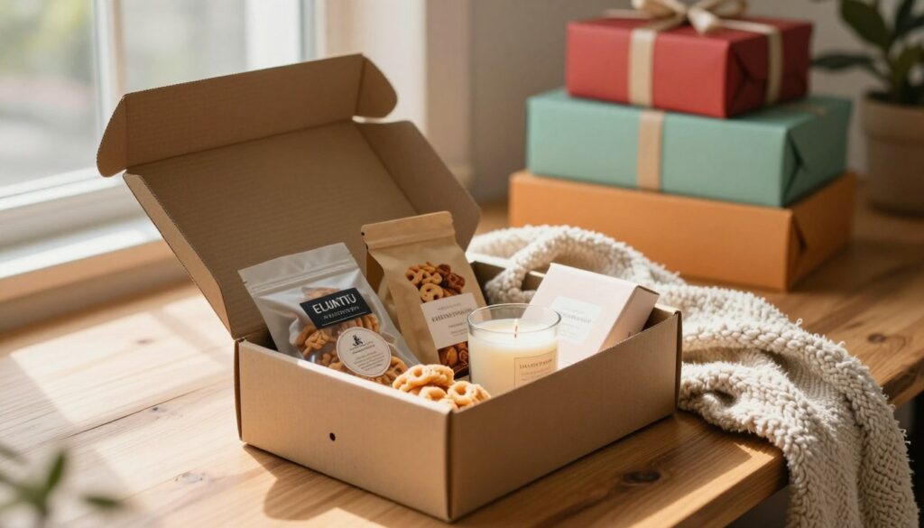 A beautifully arranged subscription box open on a wooden table, showcasing an assortment of thoughtfully curated gifts—great for an article about selecting the perfect gift. In the foreground, the box reveals artisanal snacks, a scented candle, and a cozy blanket, emanating a warm, inviting atmosphere. The middle section features soft natural light streaming through a window, casting gentle shadows on the table, enhancing the allure of the items. In the background, a blurred, colorful selection of other subscription boxes stacked neatly adds depth and context. The image captures a cozy, gift-giving mood, ideal for the holiday season, with a focus on the delightful variety of subscription box contents. The overall feel is warm and enticing, perfect for inspiring readers. A beautifully arranged subscription box open on a wooden table, showcasing an assortment of thoughtfully curated gifts—great for an article about selecting the perfect gift. In the foreground, the box reveals artisanal snacks, a scented candle, and a cozy blanket, emanating a warm, inviting atmosphere. The middle section features soft natural light streaming through a window, casting gentle shadows on the table, enhancing the allure of the items. In the background, a blurred, colorful selection of other subscription boxes stacked neatly adds depth and context. The image captures a cozy, gift-giving mood, ideal for the holiday season, with a focus on the delightful variety of subscription box contents. The overall feel is warm and enticing, perfect for inspiring readers.
