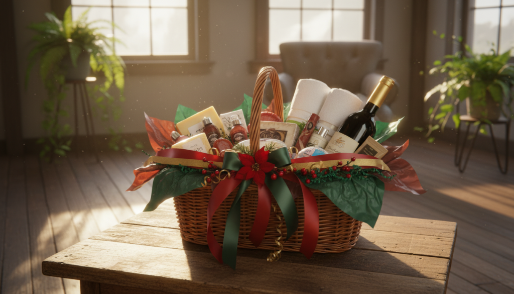 A beautifully crafted gift basket set on a rustic wooden table, surrounded by colorful embellishments and finishing touches. The foreground features a wicker basket filled with gourmet snacks, wine, and personal care items, elegantly arranged with vibrant tissue paper peeking out. The middle layer showcases delicate ribbons and artificial flowers artistically draped over the basket. In the background, a cozy, softly lit room enhances the inviting atmosphere, with warm light filtering through a window, creating gentle shadows that add depth. There is a hint of green plants in soft focus, adding freshness. The mood is cheerful and festive, perfect for a celebration. The angle is slightly overhead, capturing the intricate details and textures of the basket and accessories without any text overlays or distractions.