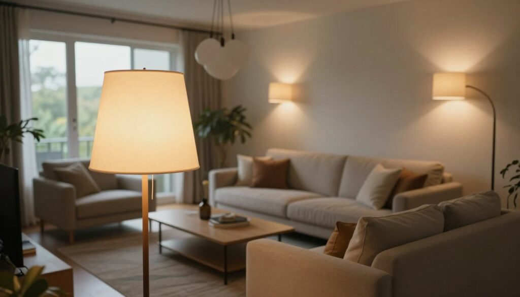 A beautifully designed living room, showcasing a variety of lighting options that enhance functionality and aesthetics. In the foreground, a stylish floor lamp with a warm, ambient glow stands next to a plush sofa adorned with cozy throw pillows. The middle features a modern coffee table, elegantly lit by overhead wall sconces that provide a soft illumination. In the background, large windows flood the room with natural daylight, elegantly complementing decorative pendant lights hanging from the ceiling. The atmosphere is inviting and relaxing, perfect for gatherings. Capture the scene from a slightly elevated angle, emphasizing the interplay of light and shadows, with a shallow depth of field to create a cozy, intimate setting.