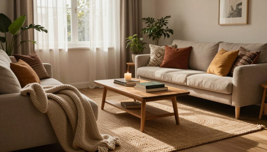 A cozy living room designed with rich textiles and fabrics that evoke warmth and comfort. In the foreground, a soft, oversized knitted blanket drapes over a plush, inviting sofa adorned with a variety of colorful cushions in patterns and textures. The middle ground features a wooden coffee table topped with a few books and a candle, surrounded by a woven rug that adds an earthy touch. In the background, a gently illuminated window showcases sheer curtains softly billowing with a light breeze, while houseplants strategically placed in the corners enhance the tranquil atmosphere. The scene is bathed in warm, natural light, casting gentle shadows and creating a serene, welcoming vibe. The angle highlights the layered textiles, inviting the viewer into this serene space.
