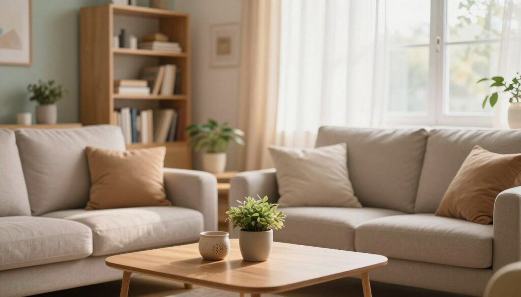 A cozy, organized room interior focused on decluttering. In the foreground, a neatly arranged coffee table holds a few decorative items and a potted plant. The middle features a soft, comfortable sofa adorned with cushions, alongside a well-organized bookshelf filled with books and curated decor. In the background, there are light, airy curtains letting in warm, natural sunlight, highlighting the inviting atmosphere. The walls are painted in soothing pastel colors, enhancing the cozy vibe. Use a soft-focus lens to create a peaceful mood, capturing the essence of a home that feels both welcoming and functional. The lighting should be warm and inviting, emphasizing the textures of the furniture and decor.