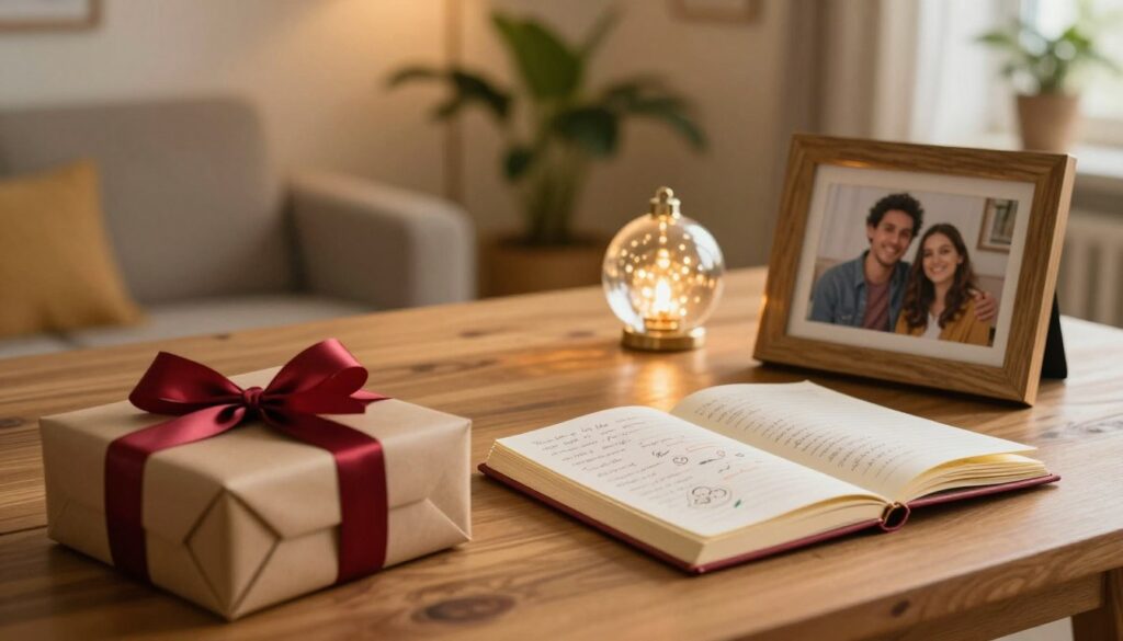 A cozy, warmly lit scene featuring a wooden table adorned with various sentimental gifts. In the foreground, a beautifully wrapped box with a deep red ribbon sits beside a framed photo of a cherished memory, showcasing two smiling people in a casual setting. In the middle, a handmade journal lies open with handwritten notes and drawings, alongside a delicate glass ornament reflecting soft, golden light. The background features a softly blurred living room adorned with plants and warm-colored walls, creating an inviting atmosphere. The overall mood is nostalgic and heartwarming, illuminated by gentle, ambient lighting that enhances the feeling of love and connection. A cozy, warmly lit scene featuring a wooden table adorned with various sentimental gifts. In the foreground, a beautifully wrapped box with a deep red ribbon sits beside a framed photo of a cherished memory, showcasing two smiling people in a casual setting. In the middle, a handmade journal lies open with handwritten notes and drawings, alongside a delicate glass ornament reflecting soft, golden light. The background features a softly blurred living room adorned with plants and warm-colored walls, creating an inviting atmosphere. The overall mood is nostalgic and heartwarming, illuminated by gentle, ambient lighting that enhances the feeling of love and connection.