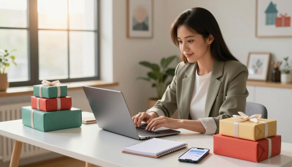 A modern workspace scene centered on a professional woman in business casual attire, sitting at a sleek desk adorned with colorful subscription boxes. She is actively managing gift subscriptions on a laptop, with an expression of focus and satisfaction. In the foreground, display a stylish planner and a smartphone showing subscription management apps, while a cozy, inviting room with soft, natural lighting serves as the background. Large windows allow sunlight to pour in, creating a warm and optimistic atmosphere. The walls feature tasteful artwork related to gift-giving, enhancing the scene’s theme of thoughtful subscriptions. The overall composition should convey organization, positivity, and the joy of giving gifts. A modern workspace scene centered on a professional woman in business casual attire, sitting at a sleek desk adorned with colorful subscription boxes. She is actively managing gift subscriptions on a laptop, with an expression of focus and satisfaction. In the foreground, display a stylish planner and a smartphone showing subscription management apps, while a cozy, inviting room with soft, natural lighting serves as the background. Large windows allow sunlight to pour in, creating a warm and optimistic atmosphere. The walls feature tasteful artwork related to gift-giving, enhancing the scene’s theme of thoughtful subscriptions. The overall composition should convey organization, positivity, and the joy of giving gifts.