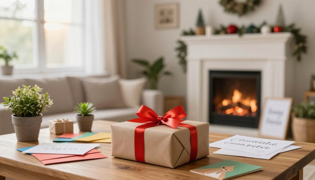 A serene and inviting scene depicting charitable gifts. In the foreground, an elegantly wrapped gift box adorned with a vibrant ribbon sits atop a wooden table. Surrounding the gift, a colorful assortment of charity donation items like handwritten letters, small potted plants, and handmade crafts symbolize meaningful contributions. In the middle ground, a cozy, well-lit room features tasteful decorations, including subtle holiday ornaments and a gently glowing fireplace, creating a warm atmosphere. In the background, a window reveals soft sunlight filtering through sheer curtains, enhancing the feeling of warmth and hope. The overall mood is uplifting and thoughtful, evoking a sense of generosity and compassion. A serene and inviting scene depicting charitable gifts. In the foreground, an elegantly wrapped gift box adorned with a vibrant ribbon sits atop a wooden table. Surrounding the gift, a colorful assortment of charity donation items like handwritten letters, small potted plants, and handmade crafts symbolize meaningful contributions. In the middle ground, a cozy, well-lit room features tasteful decorations, including subtle holiday ornaments and a gently glowing fireplace, creating a warm atmosphere. In the background, a window reveals soft sunlight filtering through sheer curtains, enhancing the feeling of warmth and hope. The overall mood is uplifting and thoughtful, evoking a sense of generosity and compassion.